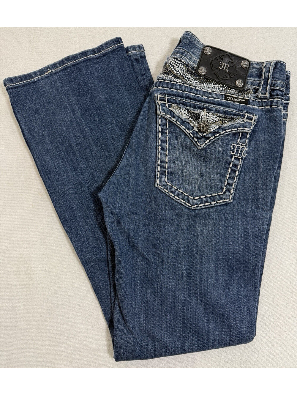 Miss Me Jeans Size 30 Bootcut Flap Pocket Rhinestone Crystal Embellished Denim